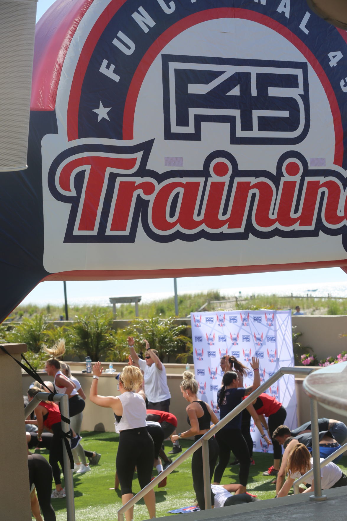 Actor Mark Wahlberg helps to lead a F45 track workout at Ocean Casino Resort in Atlantic City as part of the casino's one-year anniversary Saturday, June 22, 2019.